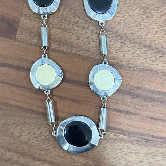 Chicos, silver tone black-and-white enamel long necklace. - Picture 2 of 4